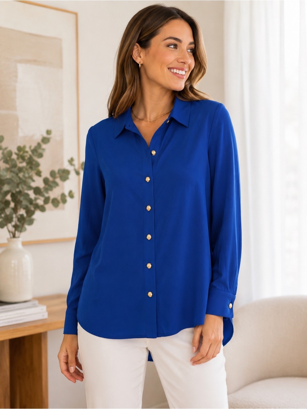 Vintage Havana Royal Blue Button-Up Blouse Gold Skull Buttons Medium NWT